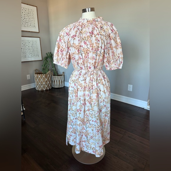 J. Crew Smocked Neck Puff-Sleeve Cotton Dress Pink Peach Cherry Blossoms LG NWT - Picture 2 of 14